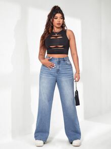 SHEIN ICON Plus Slant Pocket Wide Leg Jeans - Light Wash - View 4