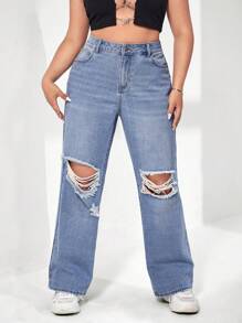SHEIN ICON Plus Ripped Straight Leg Jeans - Light Wash - View 4