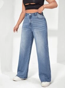 SHEIN ICON Plus Slant Pocket Wide Leg Jeans - Light Wash - View 5