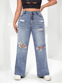 SHEIN EZwear Plus Ripped Split Hem Wide Leg Jeans - Light Wash - View 5
