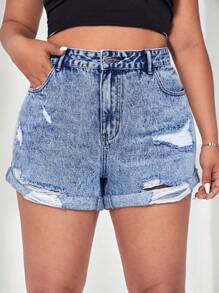 SHEIN ICON Plus Ripped Roll Up Hem Denim Shorts Without Belt - Light Wash - View 4