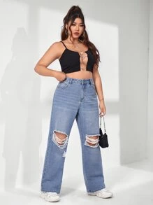 SHEIN ICON Plus Ripped Straight Leg Jeans - Light Wash - View 5