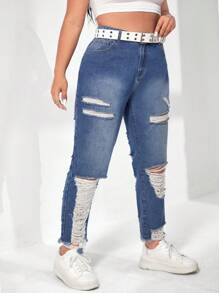 SHEIN Plus Ripped Raw Hem Mom Fit Jeans - Medium Wash - View 6