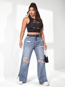 SHEIN EZwear Plus Ripped Split Hem Wide Leg Jeans - Light Wash - View 6