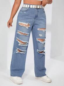 SHEIN SXY Plus Ripped Straight Leg Jeans - Light Wash - View 5