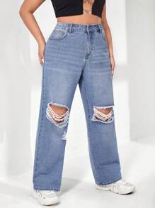 SHEIN ICON Plus Ripped Straight Leg Jeans - Light Wash - View 6