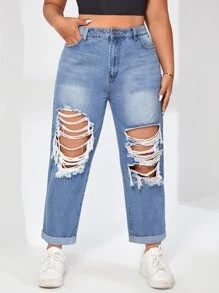 SHEIN Jeans ajustados mom desgarro con cremallera - Lavado ligero - Ver 4