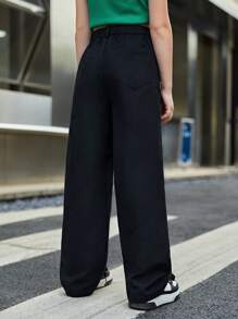 SHEIN Tween 女童都市休闲撞色蝴蝶图案侧袋编织宽腿裤 - 黑色 - 查看 2