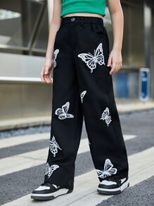 SHEIN Tween 女童都市休闲撞色蝴蝶图案侧袋编织宽腿裤 - 黑色 - 查看 3