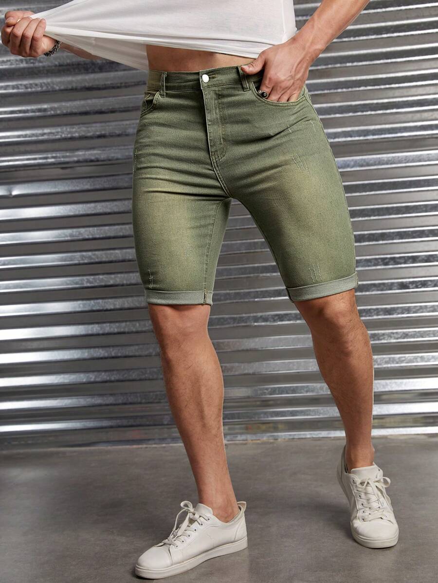 GENTILAND 男士棉斜口袋牛仔短褲 - 軍綠色 - 查看 1