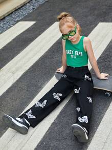 SHEIN Tween 女童都市休闲撞色蝴蝶图案侧袋编织宽腿裤 - 黑色 - 查看 4