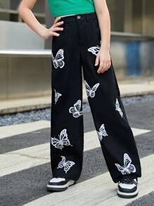 SHEIN Tween 女童都市休闲撞色蝴蝶图案侧袋编织宽腿裤 - 黑色 - 查看 5