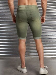 GENTILAND 男士棉斜口袋牛仔短褲 - 軍綠色 - 查看 2