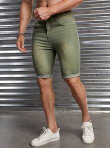 GENTILAND 男士棉斜口袋牛仔短褲 - 軍綠色 - 查看 3