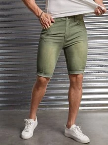 GENTILAND 男士棉斜口袋牛仔短褲 - 軍綠色 - 查看 4