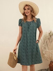 EMERY ROSE 滿版植物印花花瓣袖直筒連衣裙 - 彩色 - 查看 1