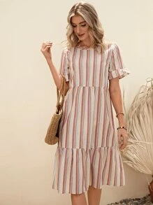 EMERY ROSE 條紋印花荷葉袖荷葉邊娃娃裙 - 彩色 - 查看 2