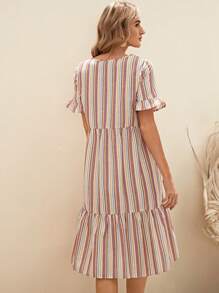 EMERY ROSE 條紋印花荷葉袖荷葉邊娃娃裙 - 彩色 - 查看 3