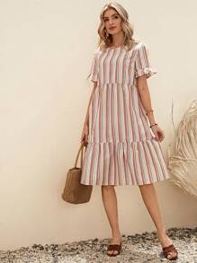 EMERY ROSE 條紋印花荷葉袖荷葉邊娃娃裙 - 彩色 - 查看 4