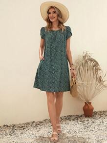 EMERY ROSE 滿版植物印花花瓣袖直筒連衣裙 - 彩色 - 查看 5