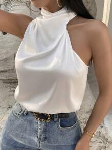 SHEIN Privé 素色不對稱領緞面襯衫 - 白色 - 查看 1