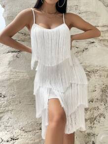 SHEIN Privé Solid Fringe Trim Cami Dress - White - View 1