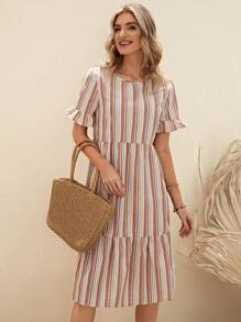 EMERY ROSE 條紋印花荷葉袖荷葉邊娃娃裙 - 彩色 - 查看 5