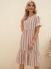 EMERY ROSE 條紋印花荷葉袖荷葉邊娃娃裙 - 彩色 - 查看 6