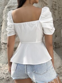 SHEIN Privé 素色褶邊泡泡袖荷葉邊下擺襯衫 - 白色 - 查看 2