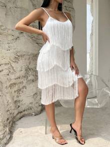 SHEIN Privé Solid Fringe Trim Cami Dress - White - View 6