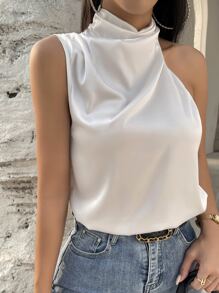 SHEIN Privé 素色不對稱領緞面襯衫 - 白色 - 查看 5