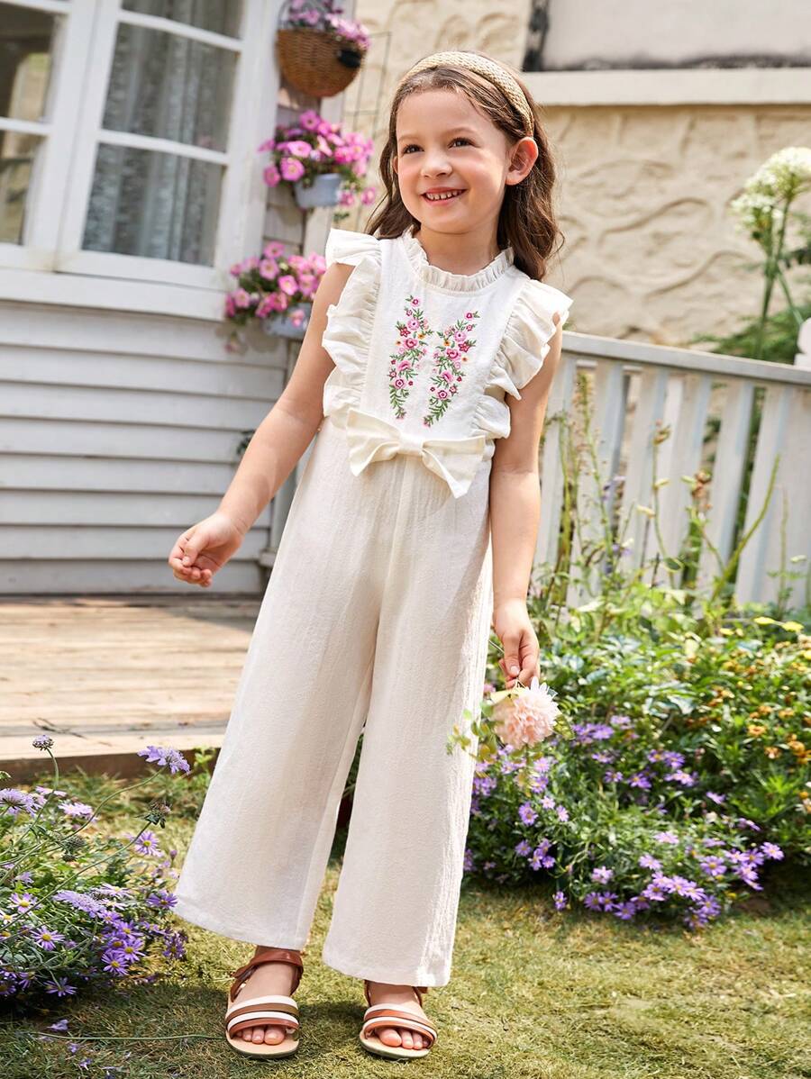 SHEIN Toddler Girls Floral Embroidery Ruffle Trim Bow Detail Jumpsuit - Beige - View 1