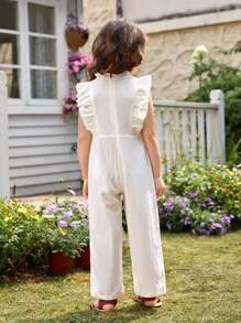 SHEIN Toddler Girls Floral Embroidery Ruffle Trim Bow Detail Jumpsuit - Beige - View 2