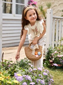 SHEIN Toddler Girls Floral Embroidery Ruffle Trim Bow Detail Jumpsuit - Beige - View 3