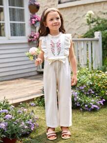 SHEIN Toddler Girls Floral Embroidery Ruffle Trim Bow Detail Jumpsuit - Beige - View 4