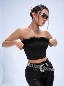 SHEIN ICON 毛茸邊短款抹胸上衣 - 黑色 - 查看 5