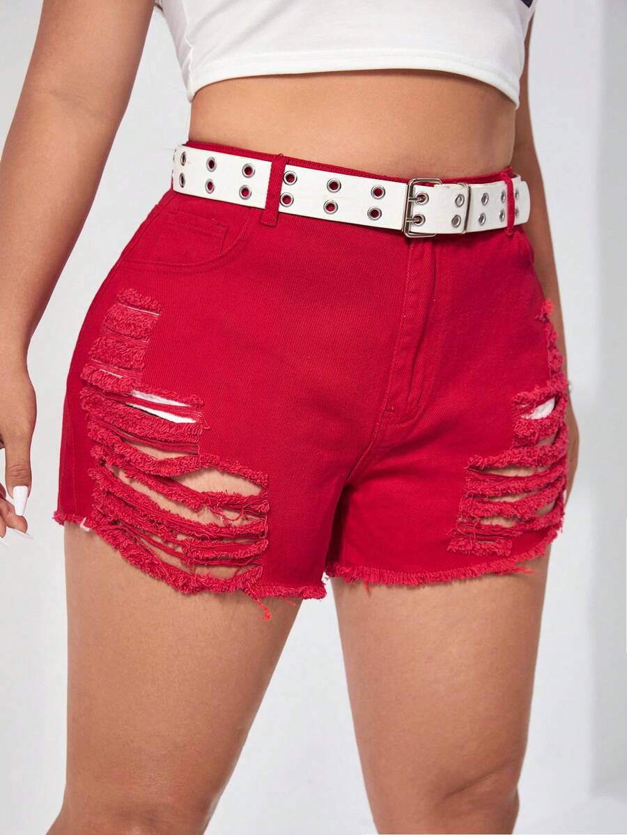 SHEIN EZwear Plus Ripped Raw Hem Denim Shorts - Red - View 1