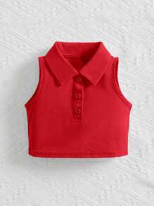 SHEIN Leap Crew Baby Girl Solid Buttoned Half Placket Tank Top - Red - View 1