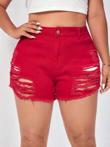 SHEIN EZwear Plus Ripped Raw Hem Denim Shorts - Red - View 3