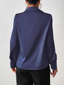 SHEIN Privé Leopard Jacquard Button Front Satin Shirt - Navy Blue - View 2