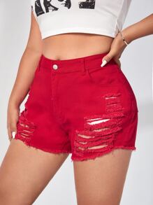 SHEIN EZwear Plus Ripped Raw Hem Denim Shorts - Red - View 4