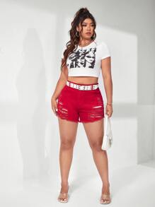 SHEIN EZwear Plus Ripped Raw Hem Denim Shorts - Red - View 5
