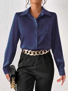 SHEIN Privé Leopard Jacquard Button Front Satin Shirt - Navy Blue - View 3