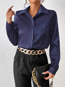 SHEIN Privé Leopard Jacquard Button Front Satin Shirt - Navy Blue - View 4
