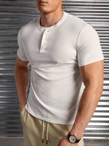 GENTILAND 男士半排扣條紋針織T恤 - 白色 - 查看 5