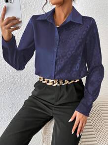 SHEIN Privé Leopard Jacquard Button Front Satin Shirt - Navy Blue - View 5