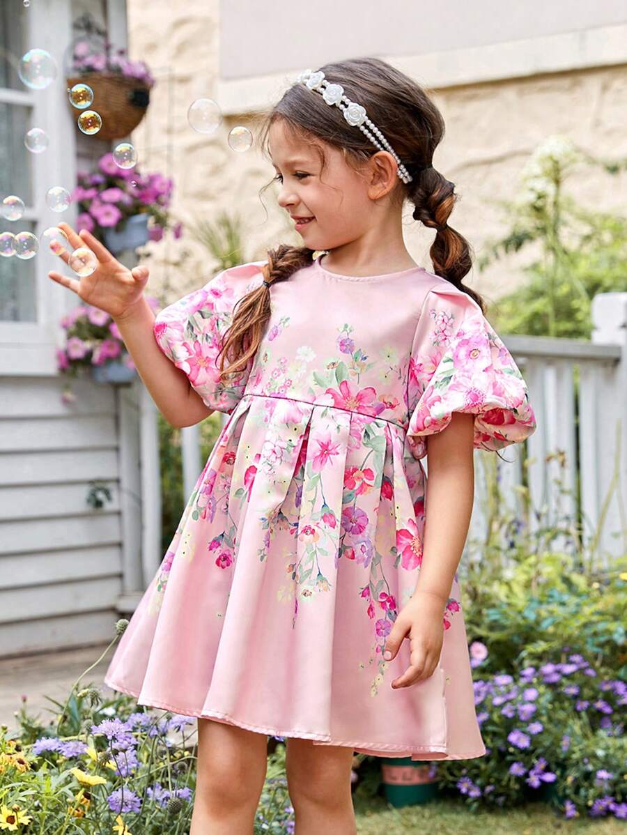 SHEIN 小女童印花泡泡袖洋裝