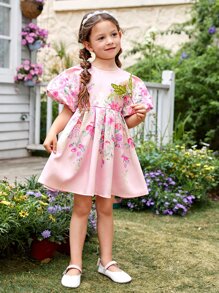 SHEIN 小女童印花泡泡袖洋裝