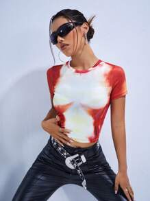 SHEIN ICON 身體熱成像印花短款T恤 - 紅色 - 查看 3