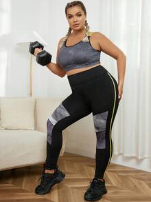 Plus Medium Support Geo Print Contrast Binding Sports Bra - Multicolor - View 5